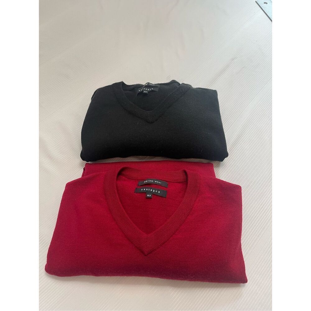 Lot Of 2 Castagne Merino Wool V Neck Red Black Sweater Size XLT